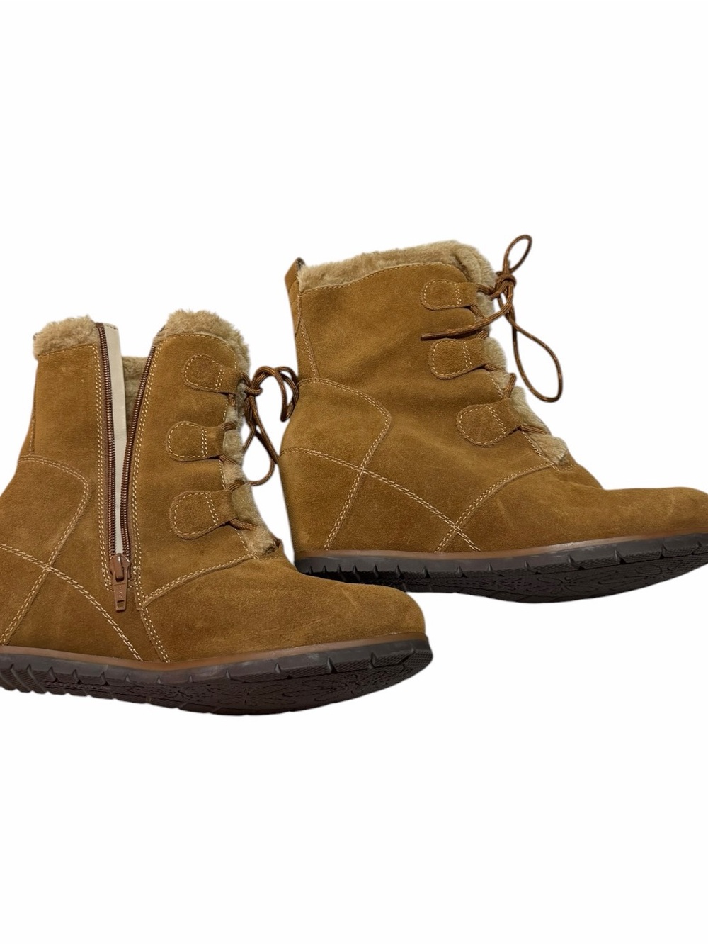 Baretraps "Bonnie" Tan Suede Faux-Fur Wedge Boots Size 7.5 - Picture 7 of 9